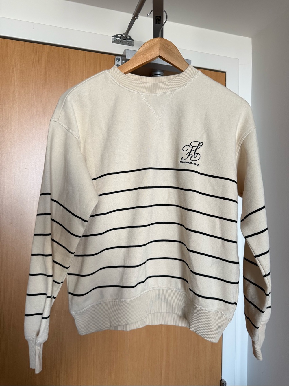 H&M Cream Crewneck Sweatshirt with Black Stripes and Monogram